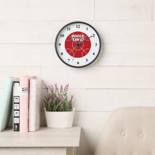 Red Bocce Ball wall clock with custom text