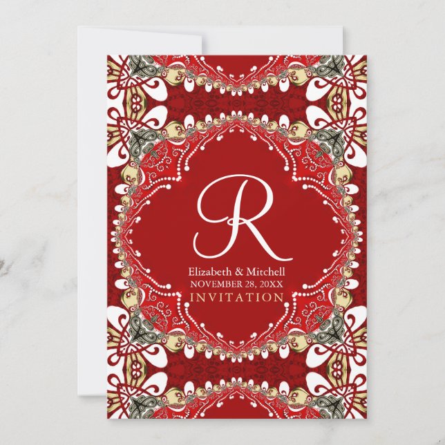 Red Bohemian Batik Monogram Wedding 5X7 Invitation (Front)