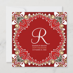 Red Bohemian Batik Monogram Wedding Invitation