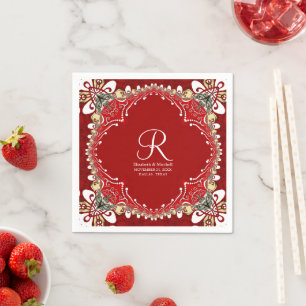 Red Bohemian Batik Monogram Wedding  Napkin