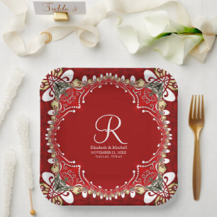 Red Bohemian Batik Monogram Wedding  Paper Plate