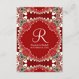 Red Bohemian Batik Monogram Wedding Vertical Enclosure Card