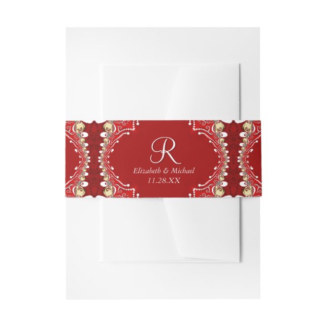 Red Bohemian Batik Wedding Invitation Belly Band (Front Example)