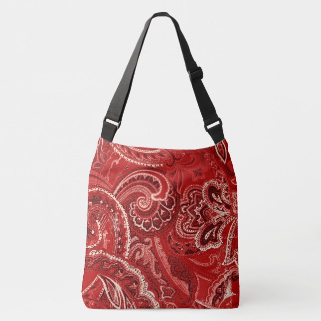 Red Boho Chic Retro Hippy Paisley Bandanna Crossbody Bag (Front)