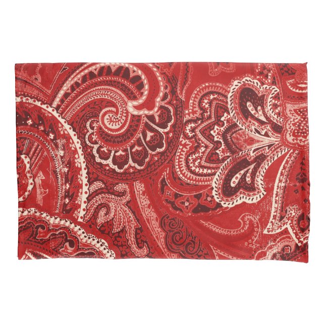 Red Boho Chic Retro Hippy Paisley Bandanna Pillowcase (Front)