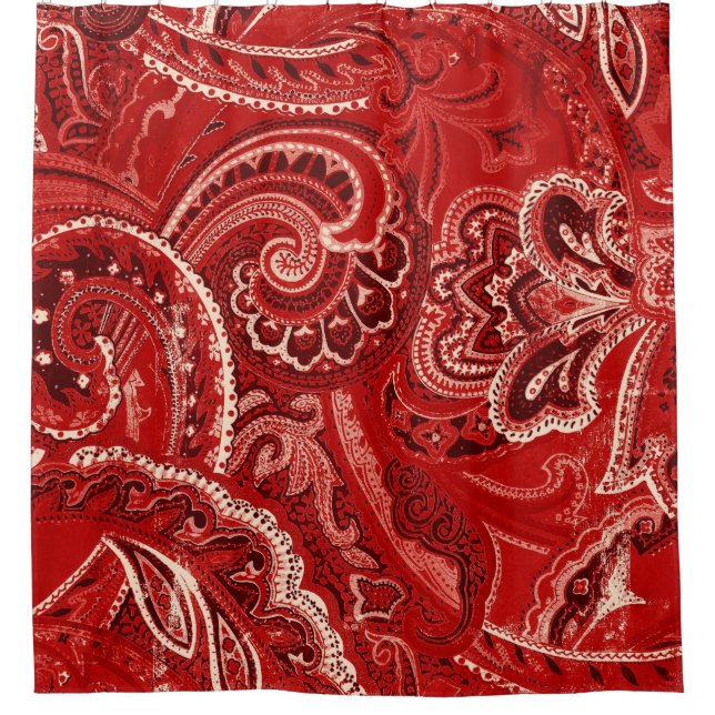 Red Boho Chic Retro Hippy Paisley Bandanna Shower Curtain (Front)