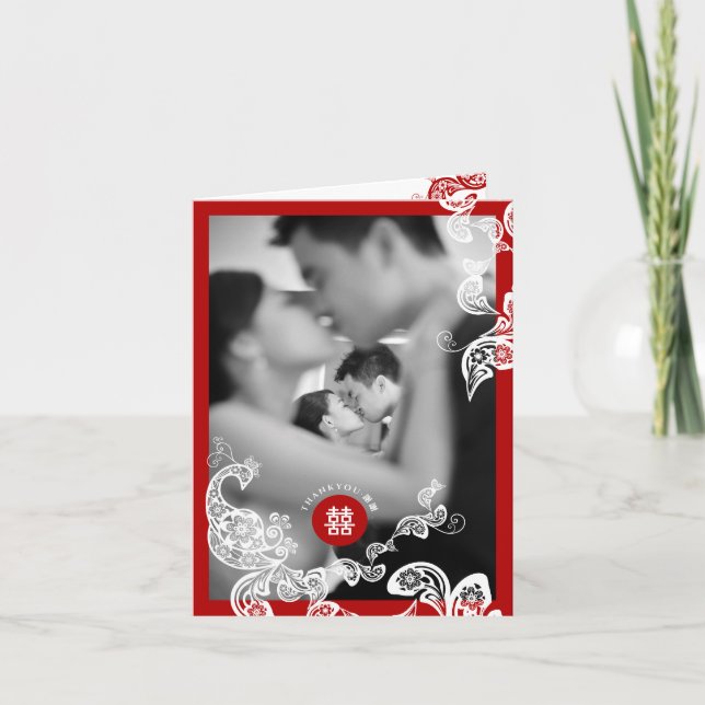 Red Boho Floral Peacock Double Xi Chinese Wedding Thank You Card (Front)