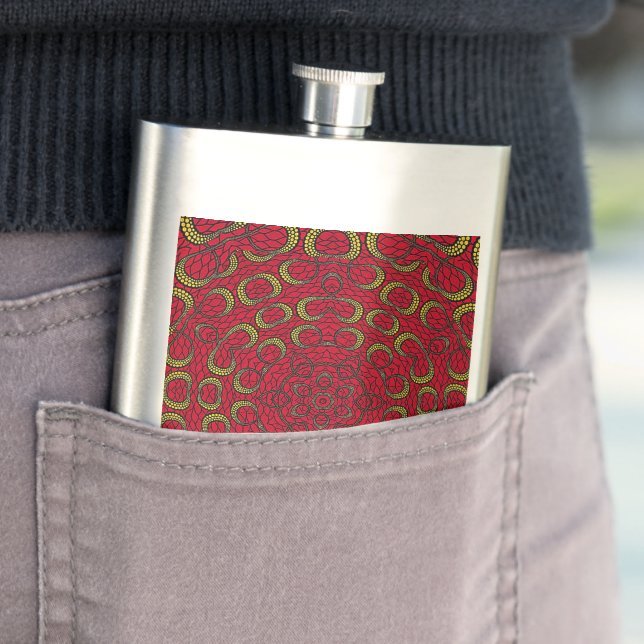 Red Boho Mandala Geometric Rosette Retro Hippie Hip Flask (In Situ)
