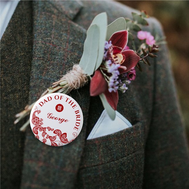 Red Boho Peacock Asian Wedding Father Of The Bride 6 Cm Round Badge (DAD OF THE BRIDE Red Boho Peacock Double Happiness Chinese Wedding  Pin Button @ fatfatin_red_knot)