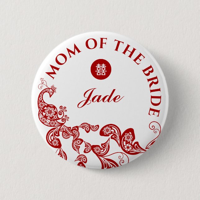 Red Boho Peacock Asian Wedding Mother Of The Bride 6 Cm Round Badge (Front)