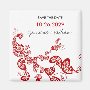 Red Boho Peacock Chic Asian Wedding Save The Date Magnet