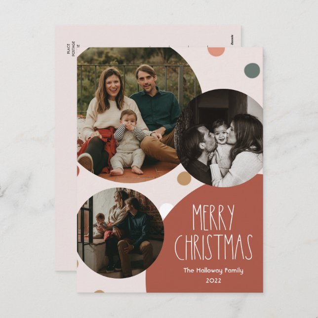 Red Boho Polka Dot Christmas Abstract Three-Photo Holiday Postcard (Front/Back)