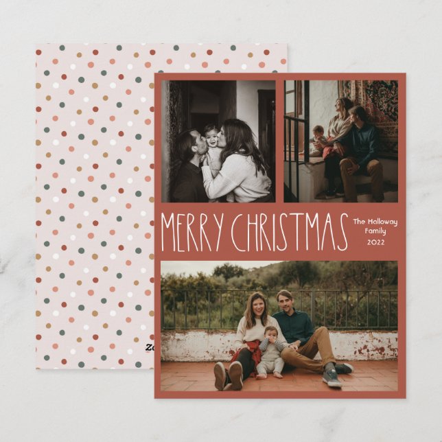 Red Boho Polka Dot Christmas Classic Three-Photo Holiday Card (Front/Back)