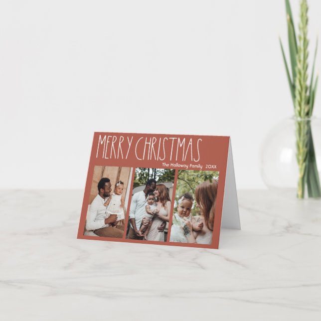 Red Boho Polka Dot Christmas Three-Photo Folded Holiday Card (Front)