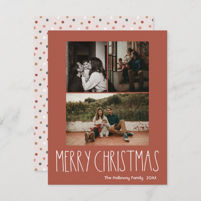 Red Boho Polka Dot Christmas Vertical 3 Photo Holiday Card (Front/Back)