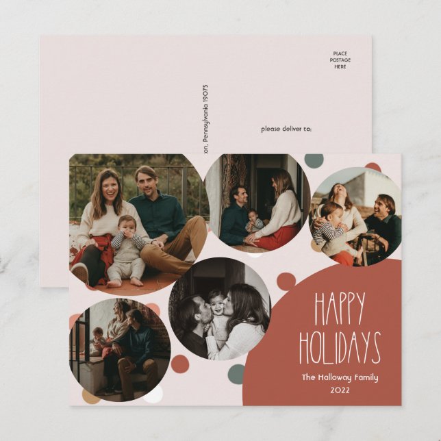 Red Boho Polka Dot Happy Holidays Five-Photo Holiday Postcard (Front/Back)