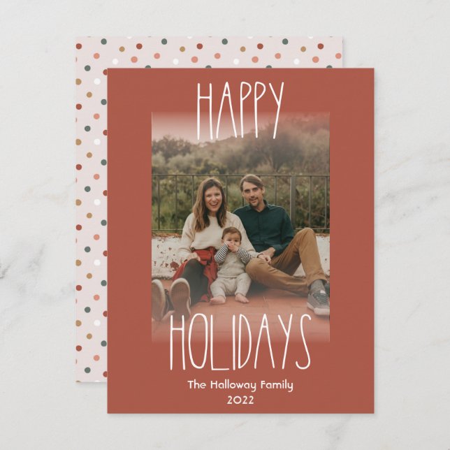 Red Boho Polka Dot Vertical Faded Photo Holiday Card (Front/Back)