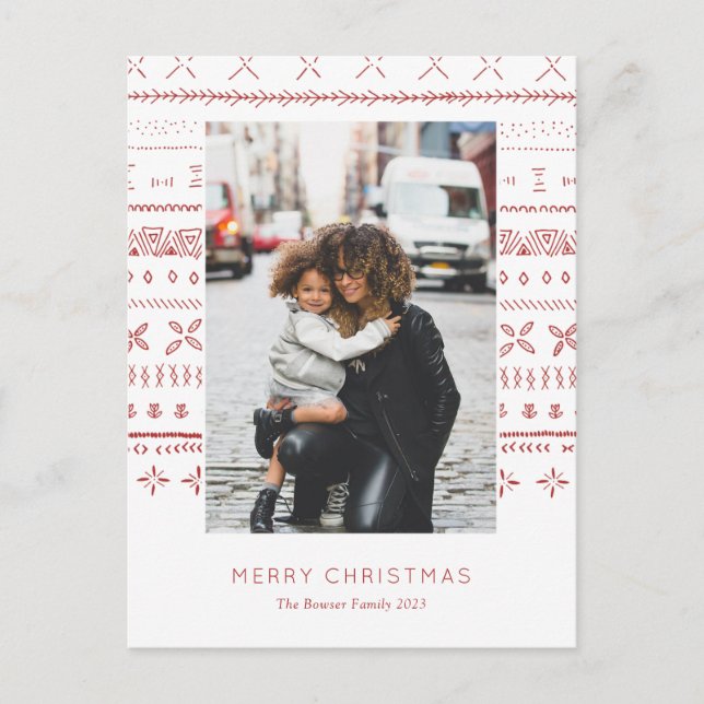 Red Boho Print Holiday Photo Card (Front)
