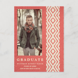 Red Boho Tribal Textile Texture Photo Graduation Announcement Postcard