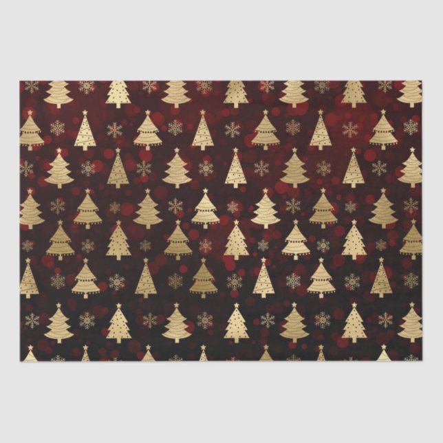 Red Bokeh and Gold Foil Christmas Trees Tissue Paper (Front)