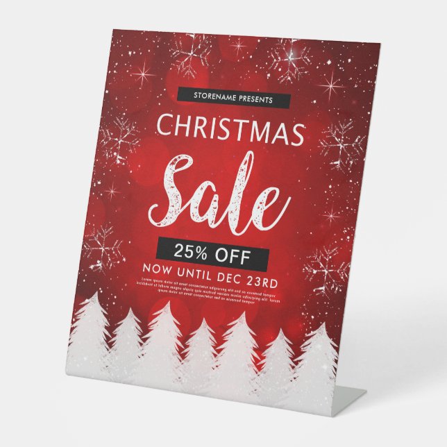 Red Bokeh Christmas Sale Retail Advertisement Pedestal Sign (Front)