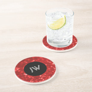 Red Bokeh Glitter & Sparkles Black Accents Coaster