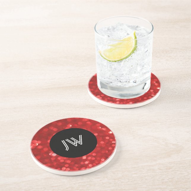 Red Bokeh Glitter & Sparkles Black Accents Coaster (Side)