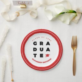 Red Bold GRADUATE Letters and Cap Graduation Paper Plate