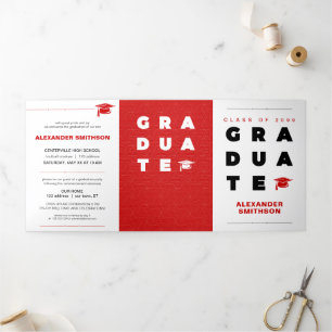 Red Bold GRADUATE Letters and Cap Graduation Tri-Fold Announcement
