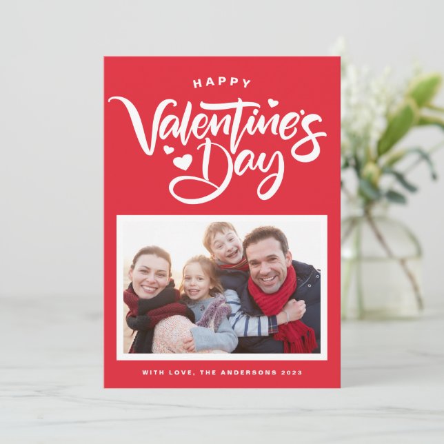 Red Bold Modern Calligraphy Photo Valentine's Day Holiday Card (Standing Front)