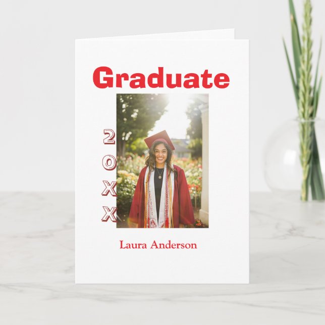 Red bold photo graduation add name class text card (Front)