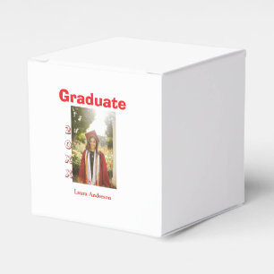 Red bold photo graduation add name class text favour box