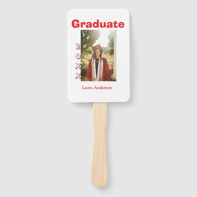 Red bold photo graduation add name class text hand fan (Front)