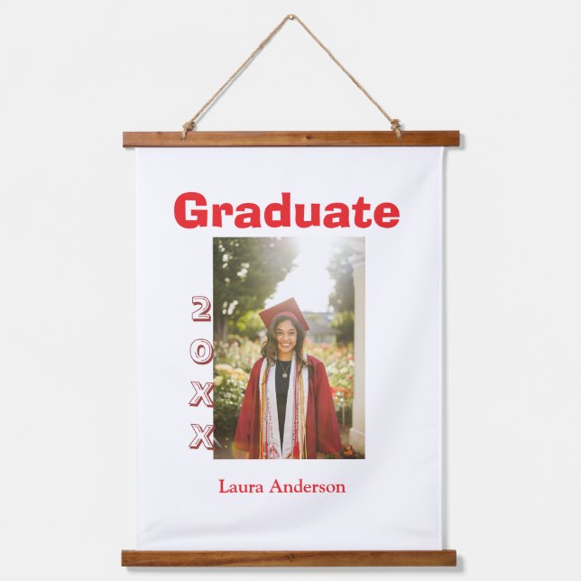 Red bold photo graduation add name class text hanging tapestry (Front)