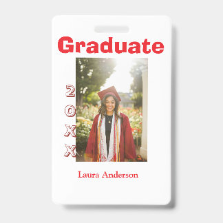 Red bold photo graduation add name class text ID badge