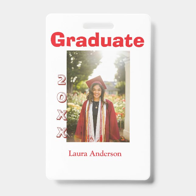Red bold photo graduation add name class text ID badge (Front)