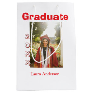 Red bold photo graduation add name class text medium gift bag