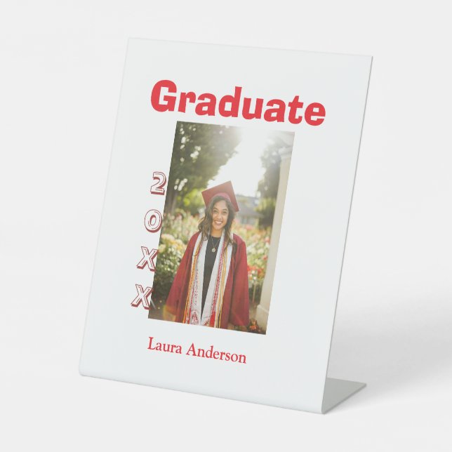 Red bold photo graduation add name class text pedestal sign (Front)