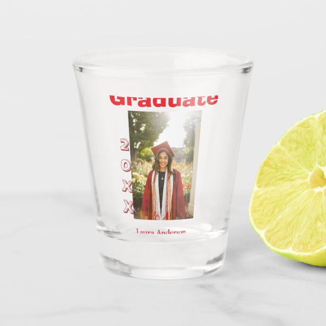Red bold photo graduation add name class text shot glass (Front)