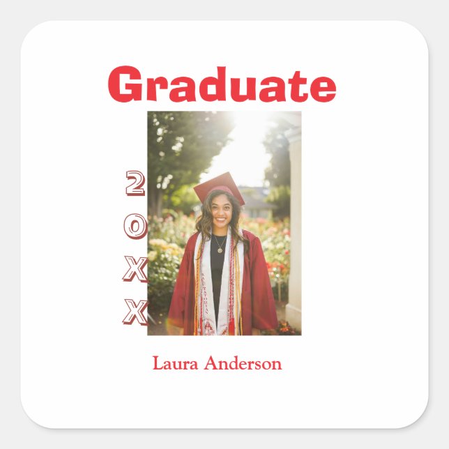 Red bold photo graduation add name class text square sticker (Front)