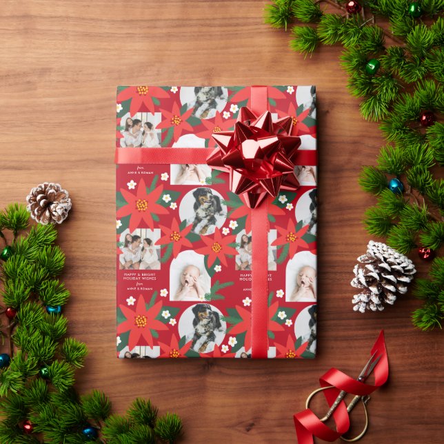 Red Bold Poinsettia Three Photo Christmas Holiday Wrapping Paper (Holiday Gift)