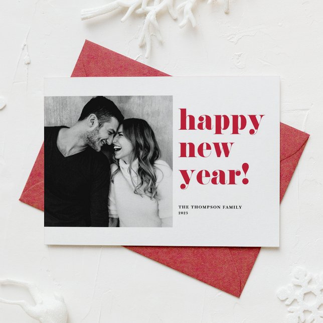 Red Bold Typography Photo Happy New Year 2025 Holiday Card (Creator Uploaded)