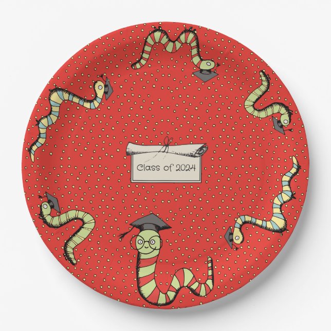 Red Bookworm Preschool Graduation Party Paper Plate (Front)