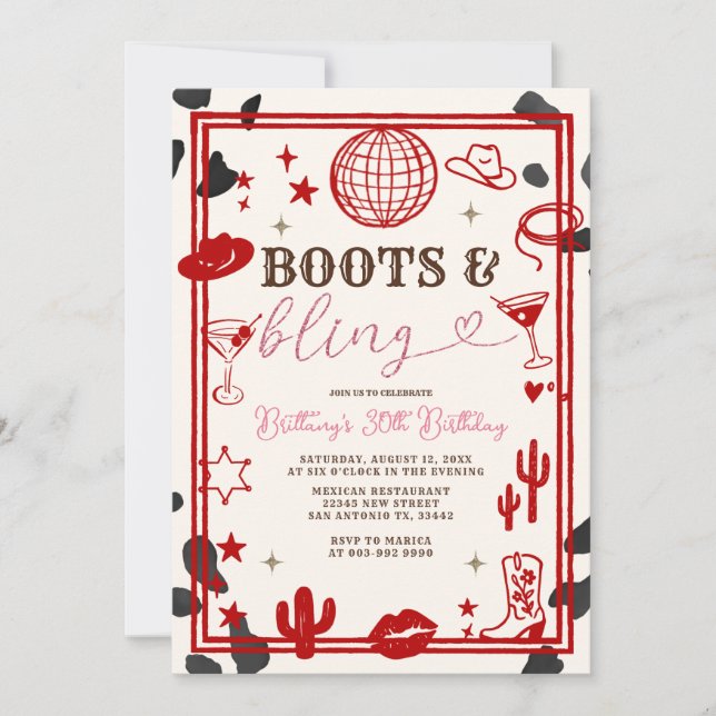 Red Boots and Bling Skin Cowgirl Western Birthday  Invitation (Front)