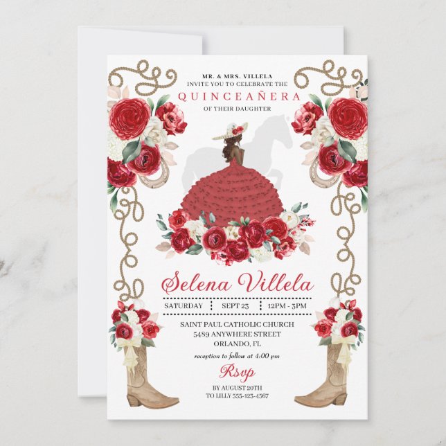 Red Boots and Horse Ranchero Quinceañera Invitation (Front)