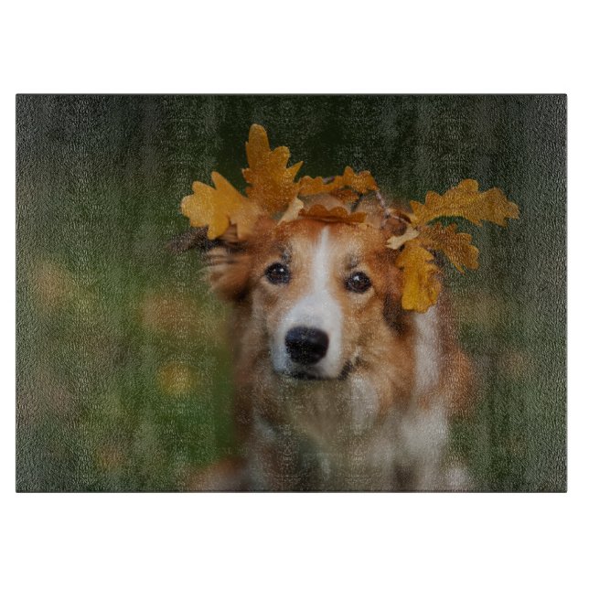 Red Border Collie With a Garland of Autumn Leaves Cutting Board (Front)