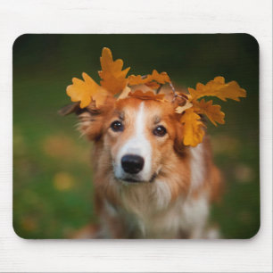 Red Border Collie With a Garland of Autumn Leaves Mouse Mat