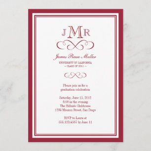 Red border frame classy monogram graduation invitation