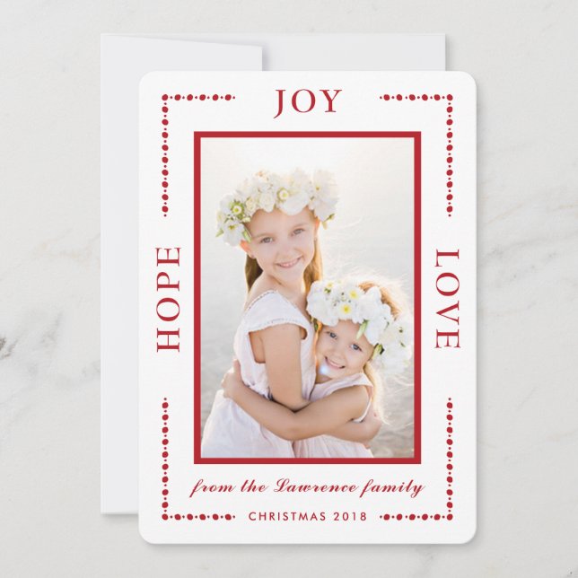 Red Border Hope Joy Love Modern Christmas Photo Holiday Card (Front)