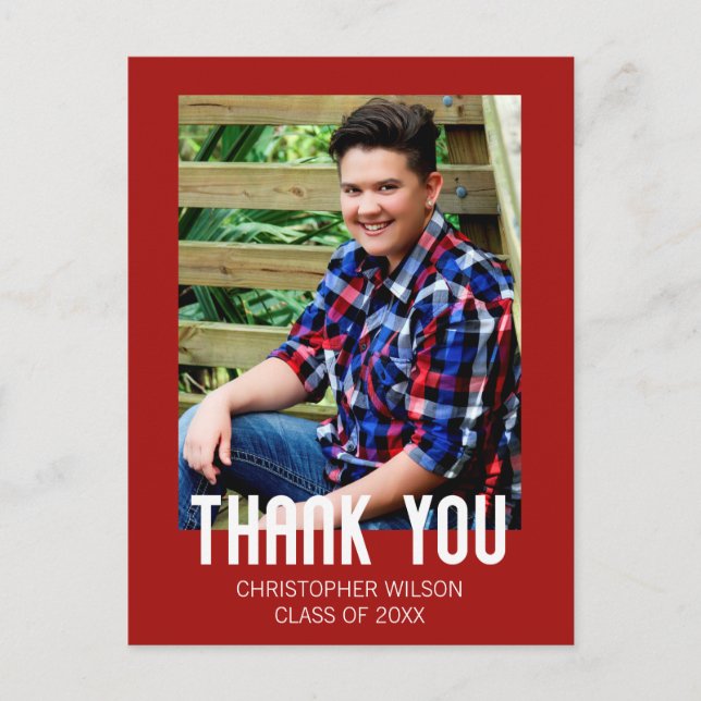 Red Border Photo Graduation Thank You Postcard (Front)